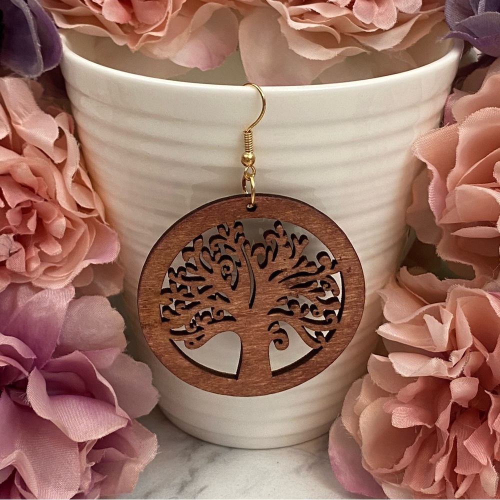 Boho Hand Carved Round Wood Tree of Life Earrings - Picture 4 of 8